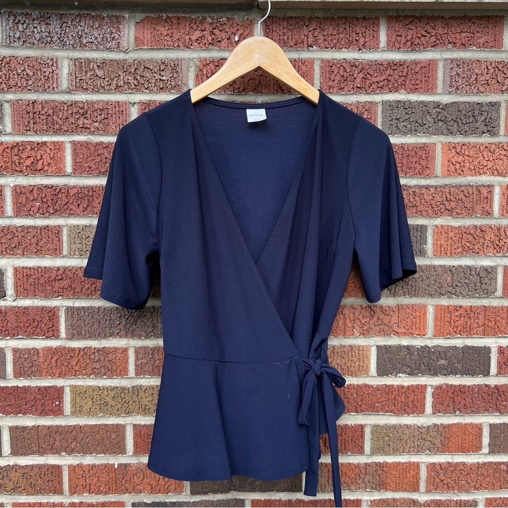 Kaileigh Navy Blue Surplice Wrap Around Flounce Sleeve Blouse Top